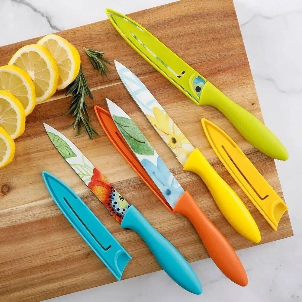 Laurie Gates Knife Set Blade Guard Daisy Floral 4-pack Ergonomic Handles NEW